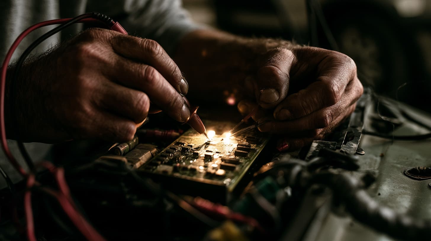 Strålkastare på arbetsbänk med multimeter ansluten till kontaktstift, diagnostik av elfel hos Monoled